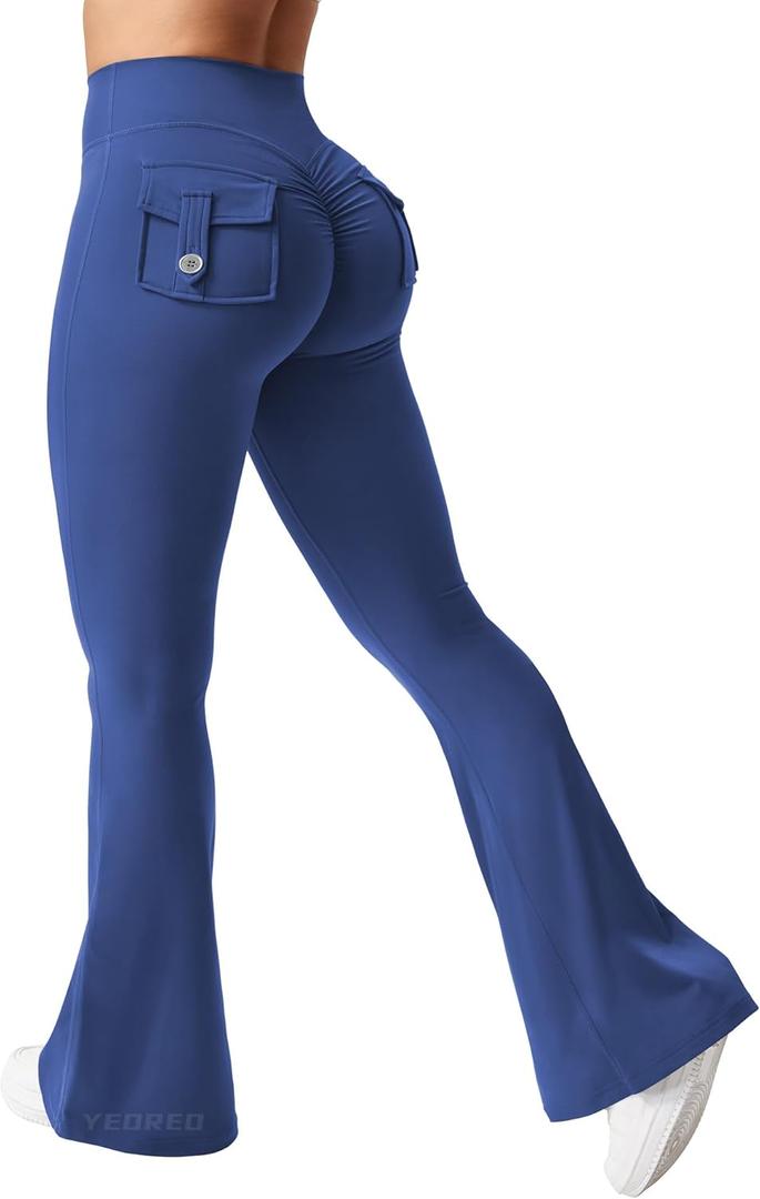 YEOREO CoreFlex Flare Leggings with Pockets for Women Scrunch Workout Leggings Butt Lifting Gym Yoga Pants (Small, Deep Blue)