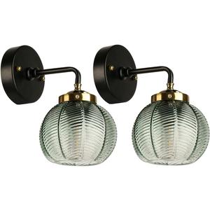 Bathroom Light Fixtures Over Mirror Gold Black Bathroom Vanity Lights,Mid Century Art Deco Wall Lamp with Green Ribbed Glass Shade Vintage Modern Sconce for Bedroom Hallway 2-Pack