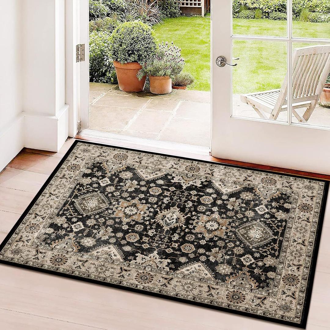 Washable Runner Rug 2x3 Entryway Rug Door Mat Non Slip Runner Rugs with Rubber Backing Soft Kitchen Farmhouse Distressed Carpet for Living Room Bedroom Bathroom (Black)