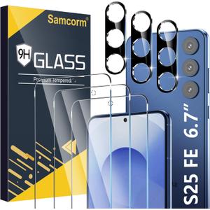 [3+3 Pack] Pack Galaxy S25 FE Screen Protector, HD Clear Tempered Glass, Fingerprint Unlock, 3D Curved, Scratch Resistant, No Bubble for Samsung Galaxy S25 FE 5G Glass Screen Protector