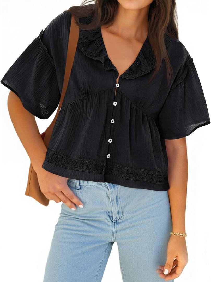 Cicy Bell Womens Cropped Babydoll Tops Summer Eyelet V Neck Short Sleeve Cute Blouses Ruffle Shirts, Black, Large