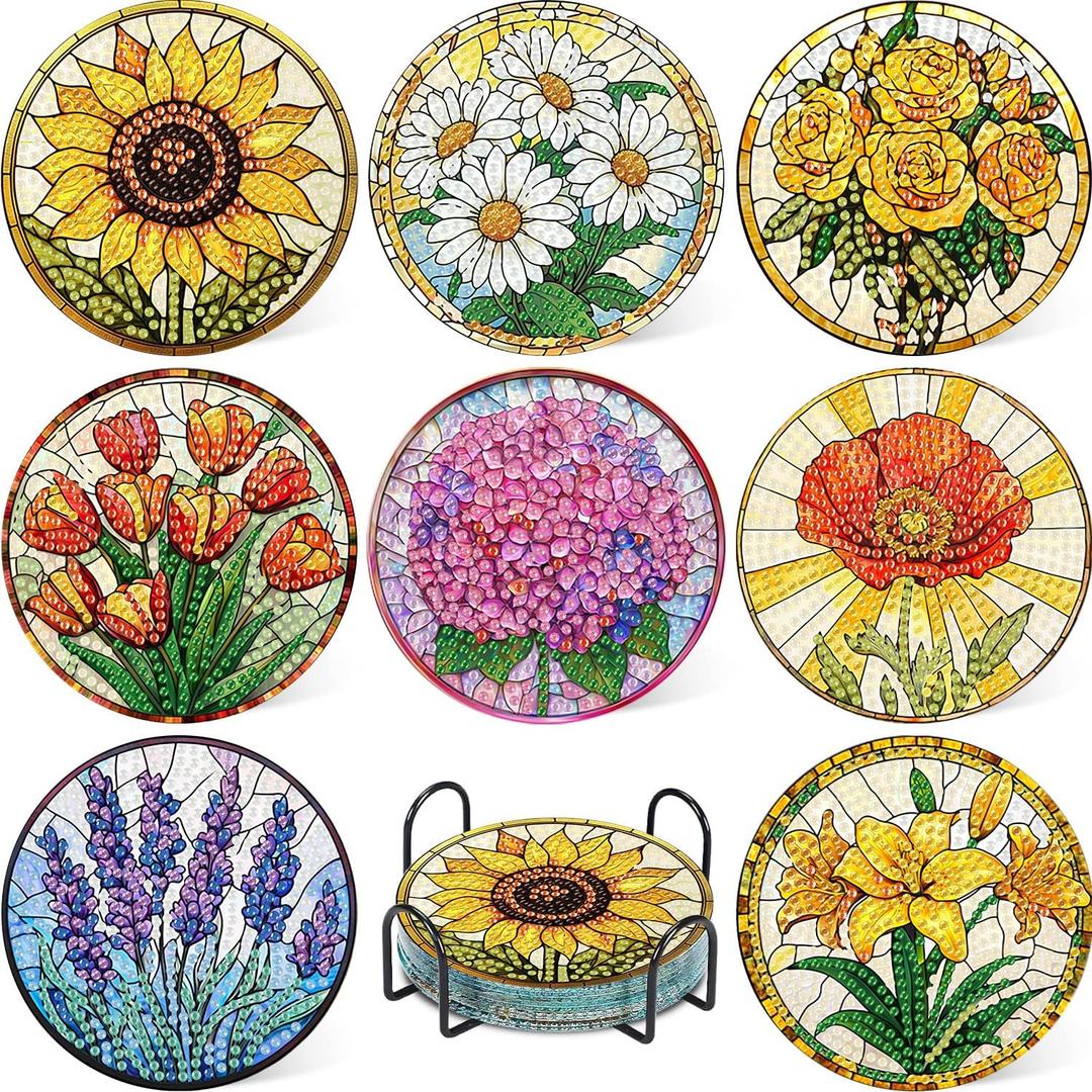 8 Pcs Flower Diamond Art Coasters Kit for Adults, Flowers Diamond Painting Coasters with Holder, 5D Gem Art DIY Crafts Diamond Dots for Gift Life