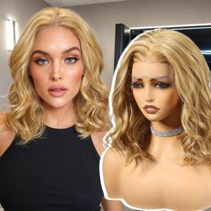 Dirty Blonde Synthetic Lace Front Wig,136 Glueless Shoulder Length Curly Bob Wigs for Women Daily Use 16IN#P2332 (136 Lace Front, #P2332 Dirty Blonde)