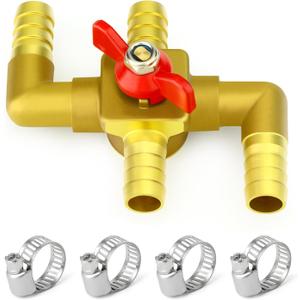 GASHER Brass 5/8 Inch Heater Control Valve, 4-Way Automobile Heating Water Valve, Car Heater Air Conditioning Ball Valve With 4Pcs Hose Clamps