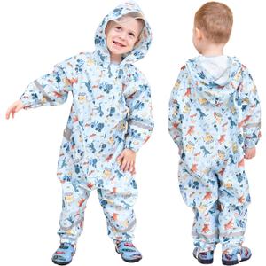Kids Toddler Rain Suit for Boys Girls One Piece Hoodie Zipper Cartoon Waterproof Coverall Rain Jacket 1-10 Years (Blue, L)