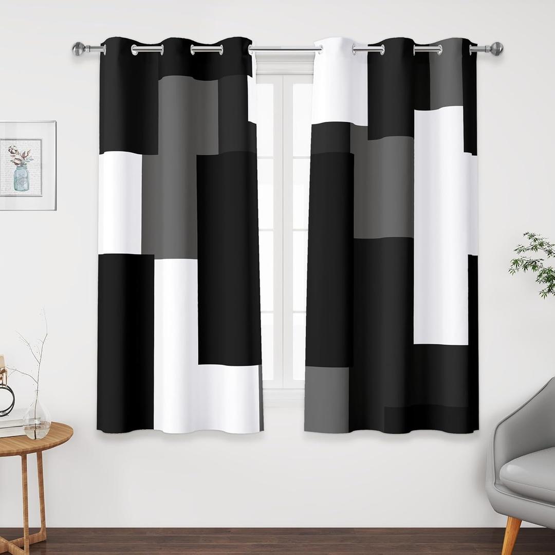 Black Grey Short Blackout Curtains 45 inch Length 2 Panels Set White Grey Modern Abstract Geometric Drapes for Kitchen Black Out Curtains Insulated Room Darkening Small Window Curtains, 42Wx45L