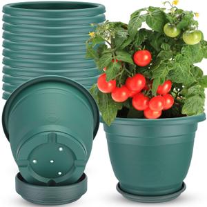 12 Pcs 10'' Plastic Plant Pots Round Planter Pots with Saucer Tray Seedling Pot Hole Seed Resin Plant Pot Starting Nursery Flower Container with Pallet for Garden Outdoor Indoor (Green)