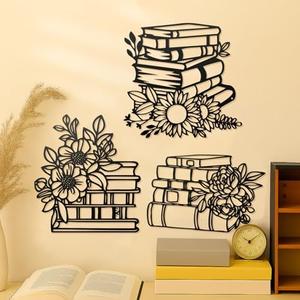 Honeydak 3 Pcs Reading Flower Book Wall Art Black Metal Library Wall Decor Sign Book Lovers Teacher Gift Silhouette Hanging Sculptures for Home Reading Room Living Room Bedroom Office (Modern Style)