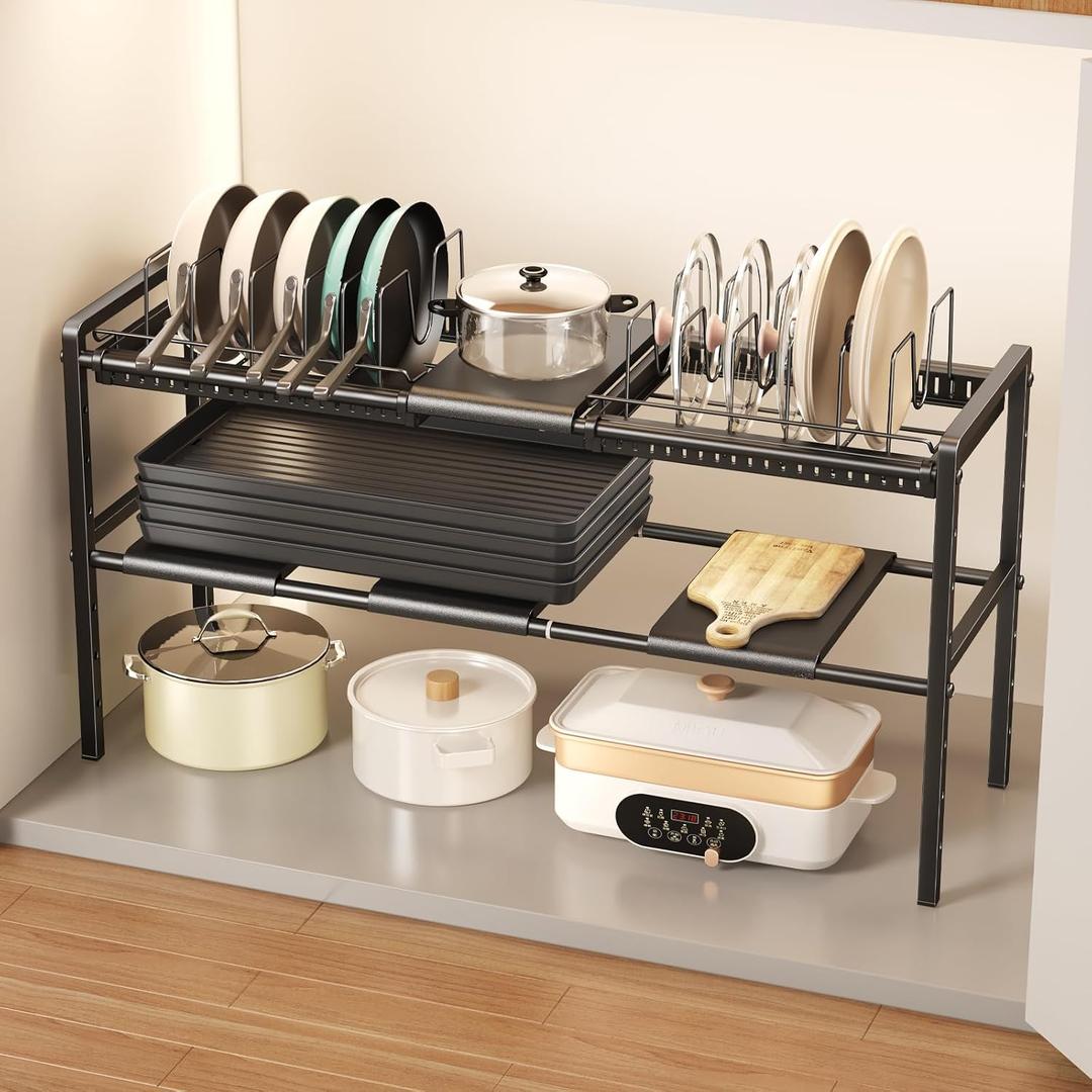 Mustorn Pots and Pans Organizer Under Cabinet, Expandable 2 Tier Under Sink Organizers and Storage Adjustable Height Kitchen Pot and Pan Lid Holder Rack with 12 Dividers Under Cabinet Shelf(Black)