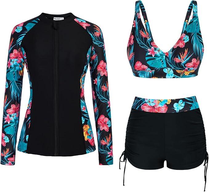 JASAMBAC Women 3 Piece Rash Guard Long Sleeve Zip Up Swimsuits with Boyshort UV UPF 50+ Swim Shirt Built in Bra (Medium, Black-blue Red Floral)