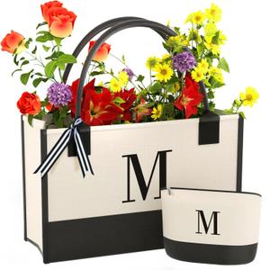 Monogrammed Canvas Tote Bag with Zipper Pockets - Ideal Gift for Mom, Teacher, Sister