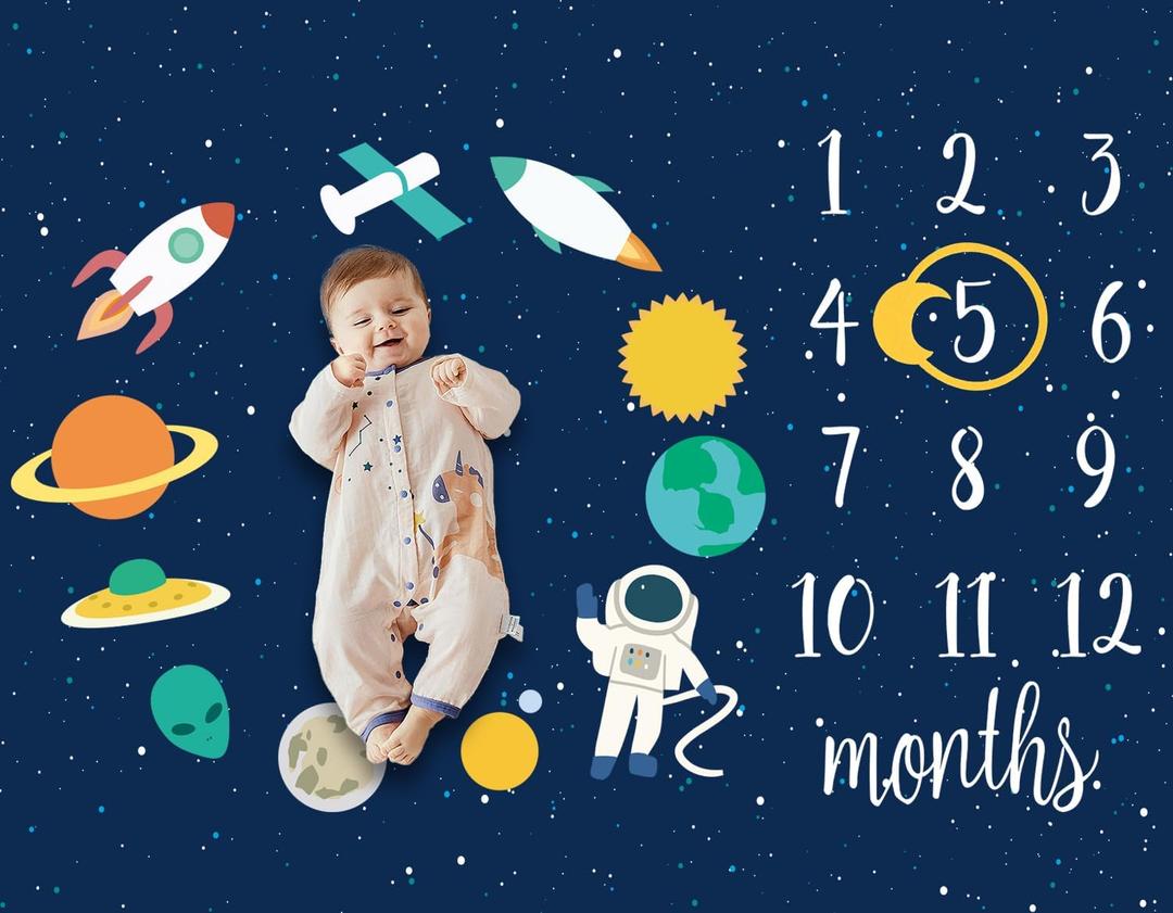 Baby Monthly Milestone Star Astronaut Boy Blanket - Newborn Swaddle, Party Favors, Photography Backdrop Props, Dark Party Supplies 40 * 50IN