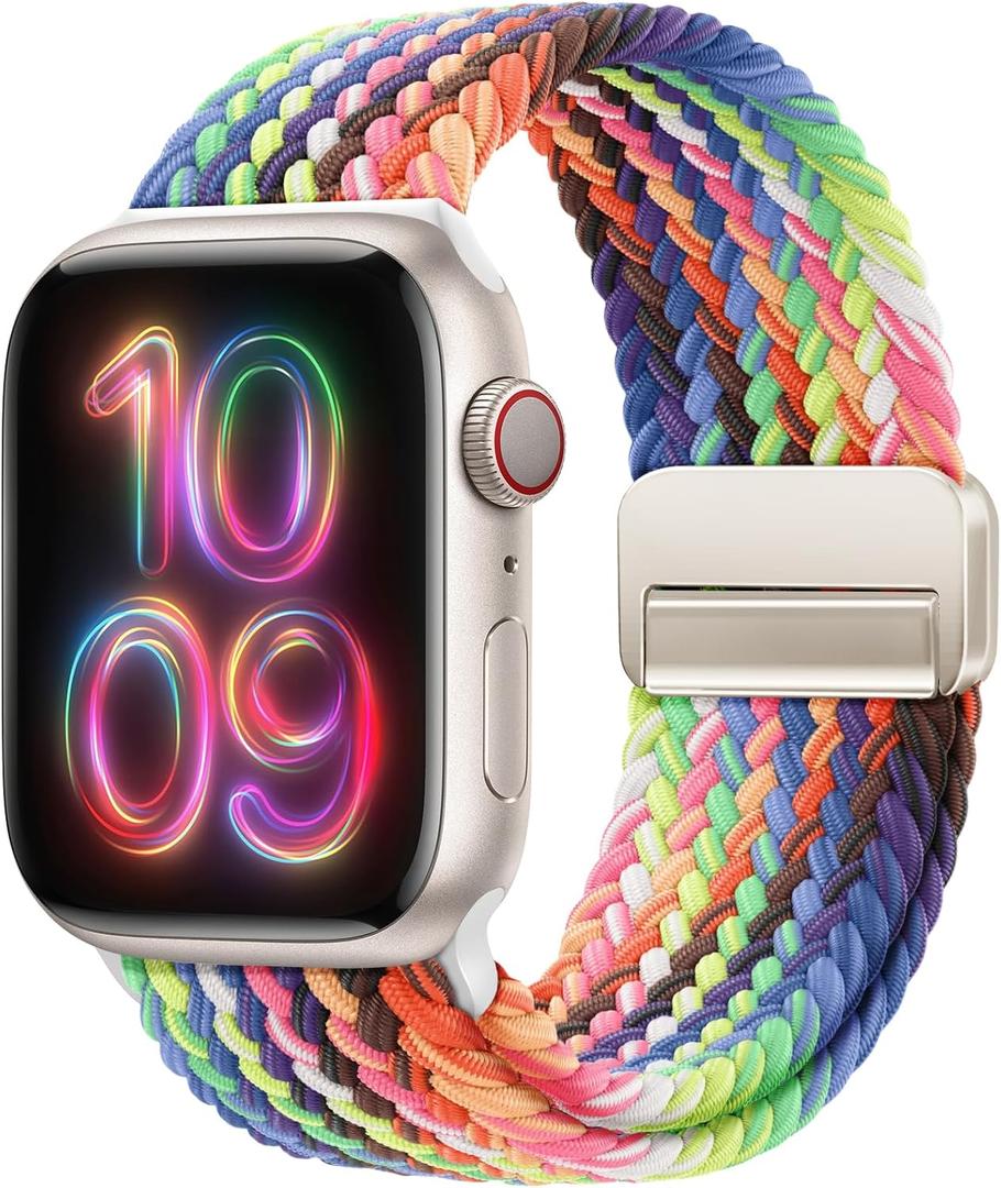 Magnetic Braided Loop Band Compatible with Apple Watch Series 11 10 42mm 9 8 7 6 5 4 40mm 41mm for Women Men, Stretchy Nylon Elastic Sport Strap for iWatch SE 1/2/3, New Pride