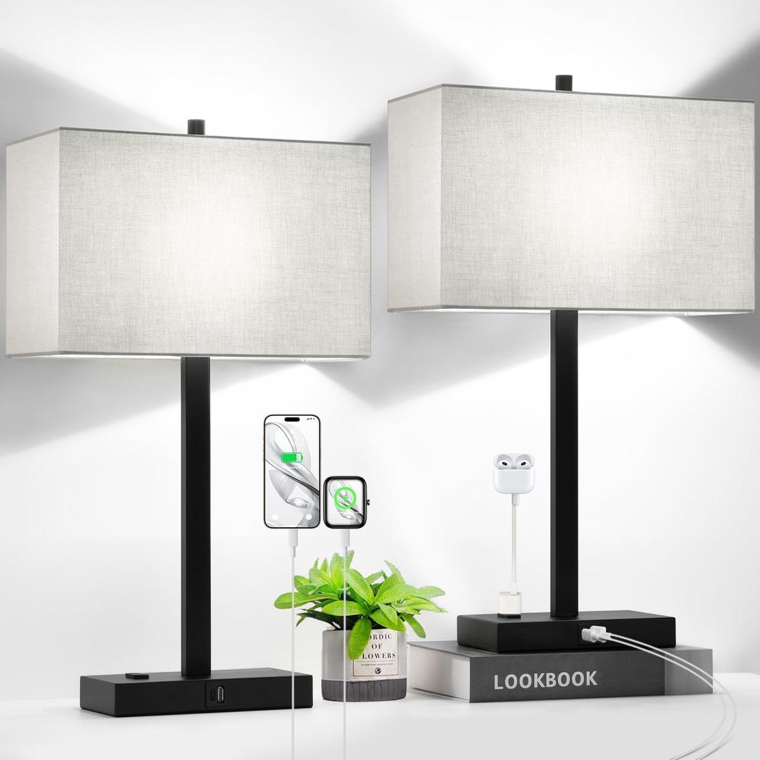 21" Set of 2 Touch Control Table Lamps with 2 USB & AC Outlets, 3-Way Dimmable Modern Nightstand Lamps for Bedroom Living Room Office Reading, Gray Shade Bedside Lamps, 5000K LED Bulbs Included (Gray Linen & Matte Black(Base)-Two 5000K Bulbs Included)