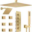 Thermostatic Shower System Dual Shower Heads with 16" Ceiling Mounted Rain Shower Head & 6" Wall Mounted Head 4 Function Shower System with body jets Can All Run Together, Brushed Gold