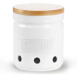 ONTUBE Garlic Keeper with Wooden Lid, 4.5-Inch Ceramic Garlic Holder Storage, Garlic Container for Kitchen, Garlic Saver to Keep Your Garlic Cloves Fresh Longe 24 oz (White)