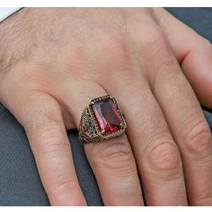 LRGKMCWTOB S925 Sterling Silver Square Zircon Ring Red Gem Handmade Men's Retro Texture Inlaid Red Zircon Men's Ring Sterling Silver Red Zircon Ring Punk Silver Carving Ring (Size 10