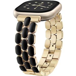 Wearlizer Resin Metal Band Compatible with Fitbit Versa 4 Bands for Women/Sense 2/Sense/Versa 3, Jewelry-Style Dressy Bracelet with No-Tool Adjustment, Elegant Lightweight Strap for Work & Daily (Gold/Black)