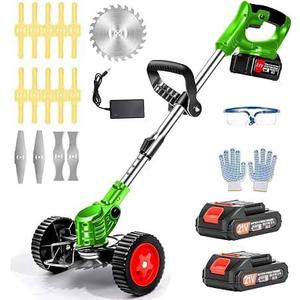 Electric Weed Wacker Cordless with Wheels, 2pcs Batteries&4 Types Blades,Lightweight, Low Noise 21V Battery Powered Weed Wacker, 3-in-1 Grass Trimmer/Brush Cutter/Edger, for Thick Weeds&Yard Garden