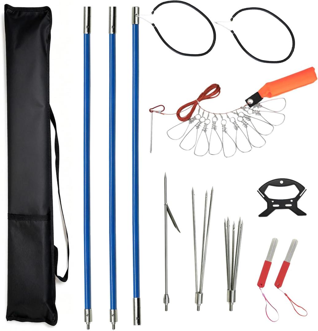Hawaiian Sling Fishing Spear Set Fiberglass Spearfishing Pole Spear with 3 Replaceable Stainless Steel Tips, Fish Line Holder, Sharpening Files, and Carry Bag