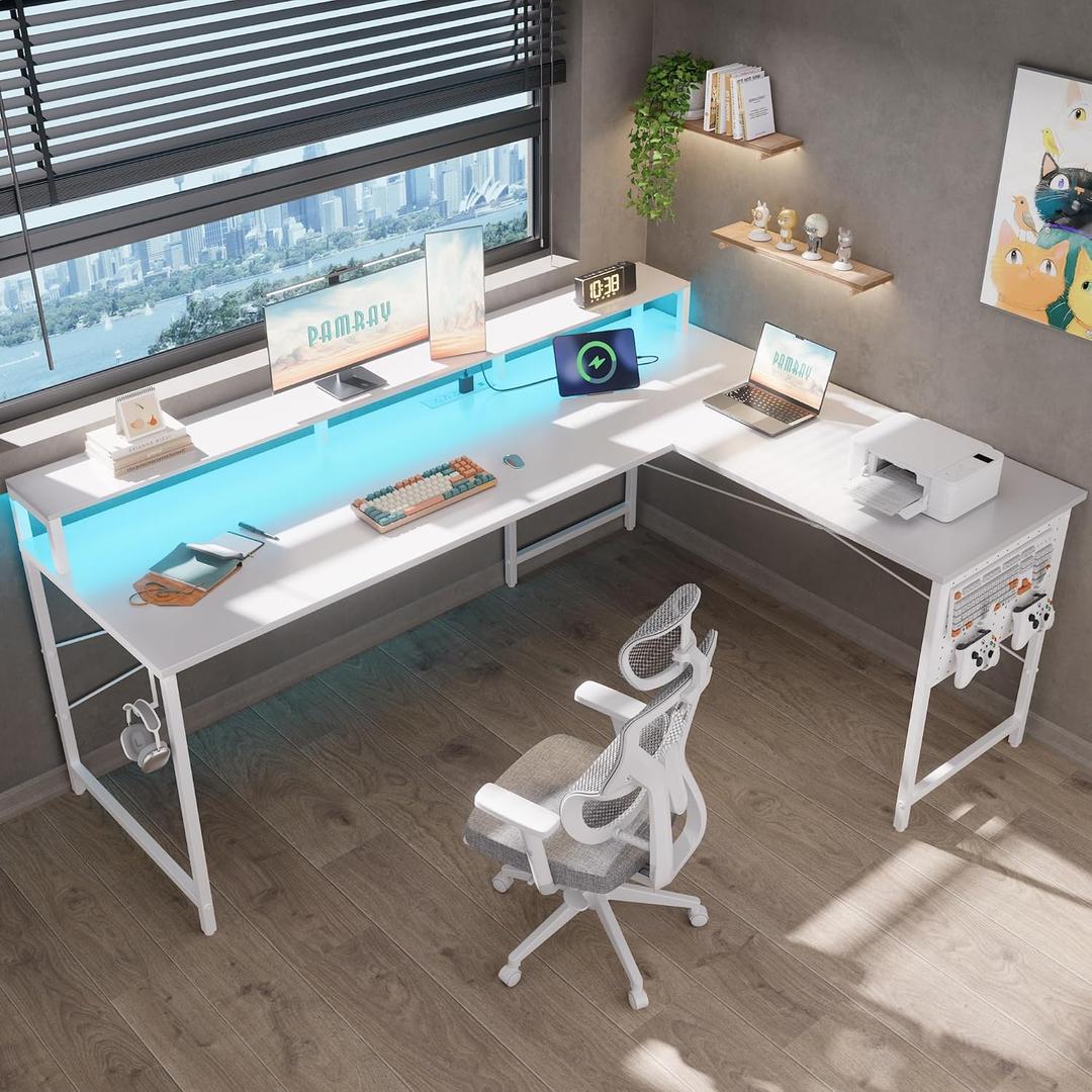 Pamray 64 Inch L Shaped Gaming Desk with Power Outlets and Led Lights, Large Corner Computer Desk with Monitor Stand and Pegboard, PC Table for Home Office and Bedroom White