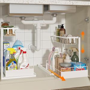 REALINN Under Sink Organizer, Height Adjustable Pull Out Cabinet Organizer, 2 Tier Under Sink Organizers and Storage for Kitchen Bathroom Laundry, White, 2 Pack