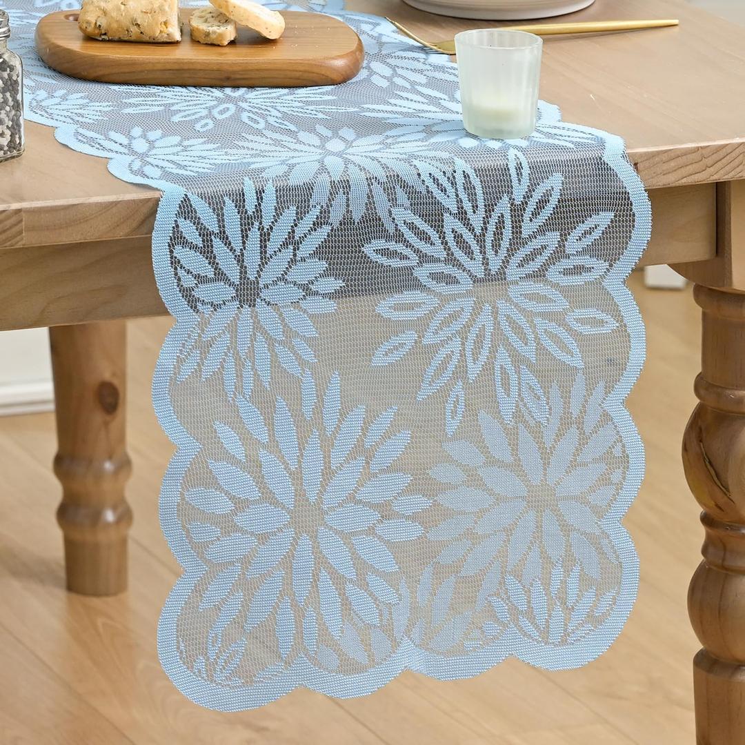 Artoid Mode Blue Lace Jacquard Dahlia Spring Table Runner, Seasonal Summer Flower Kitchen Dining Table Decoration for Home Party Decor 13x72 Inch