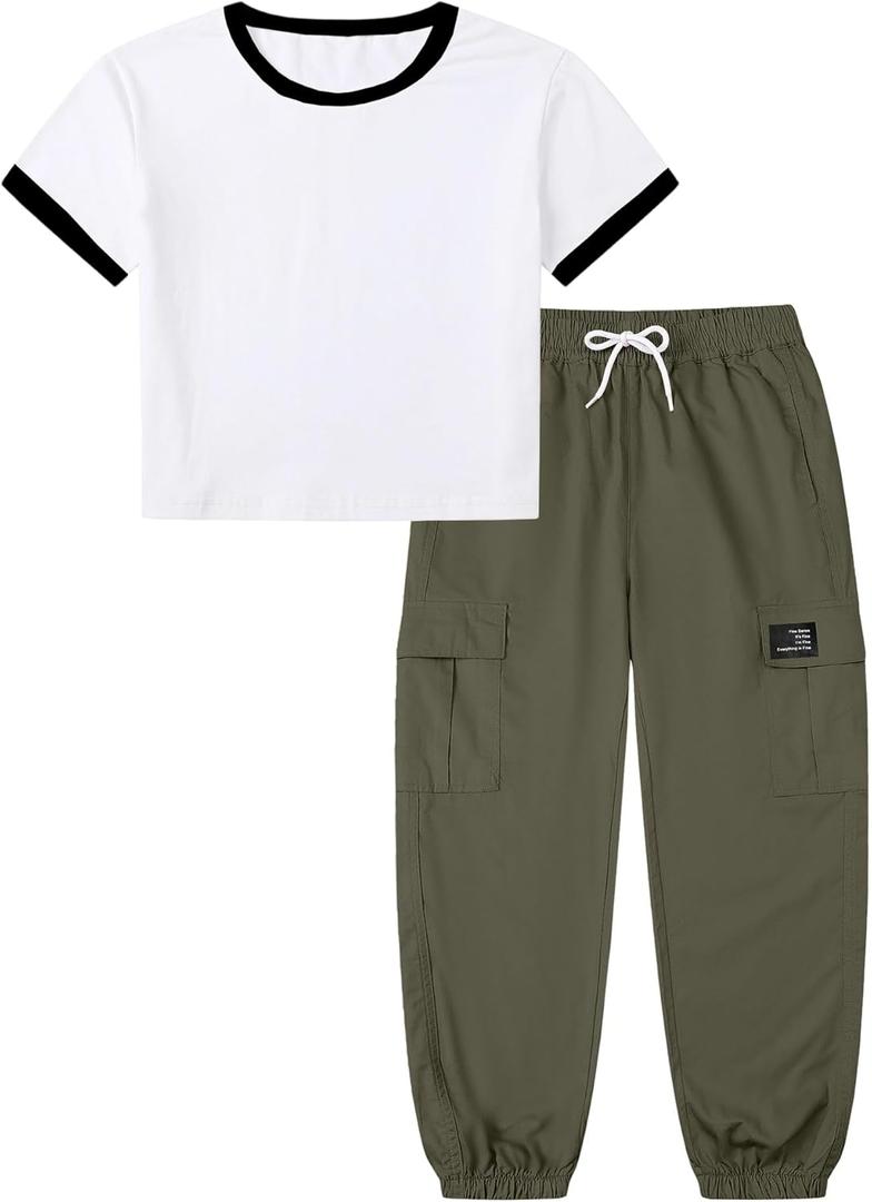 Betusline Girls 2 Piece Summer Outfits,Black Simplicity Cute Short Sleeve Crop Tops + Green Cargo Jogger Pants Clothes, 13-14 Years (Green)