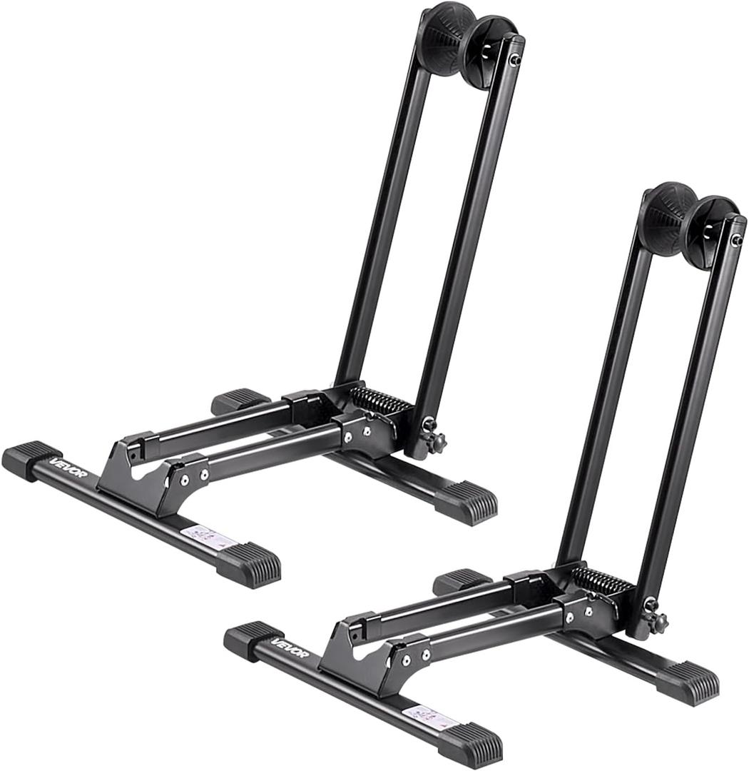 VEVOR Bike Racks 2 Pack, Fits 20 to 27 Inch Mountain & Road Bikes, Alloy Steel Rust-Resistant Bike Floor Stand Rack, Foldable Bicycle Stand for Entryway, Garage, Home Bikes Parking & Storage, Black