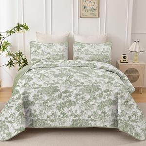 WONGS BEDDING Botanical Quilt Set Queen Size, Sage Green 3 Pieces Toile Floral Plants Printed Bedspread Bedding Set Soft Lightweight Microfiber Coverlet Set for All Season (96"x90")