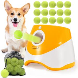 Automatic Ball Launcher for Small Dogs, USB Rechargeable Ball Thrower,10-30 Ft, Indoor& Outdoor Tennis Ball Thrower, 15PCS Mini Tennis Balls Included