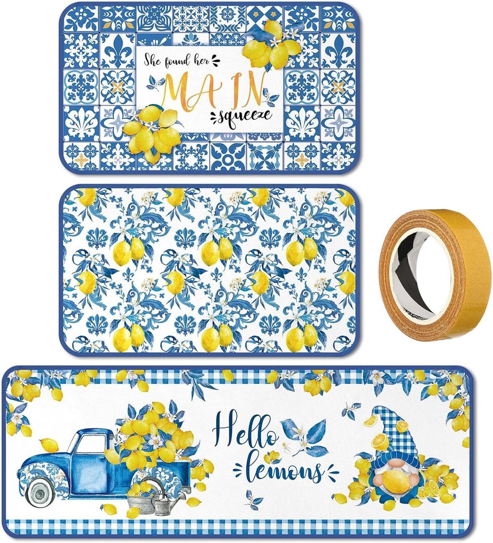 3 Pcs Lemon Kitchen Rug and Mat Set Blue Yellow Tiles Italian Lemon Decor Non Slip Anti-fatigue Washable Summer Kitchen Floor Mats Farmhouse Summer Decor for Home Bedroom Bathroom Accessories