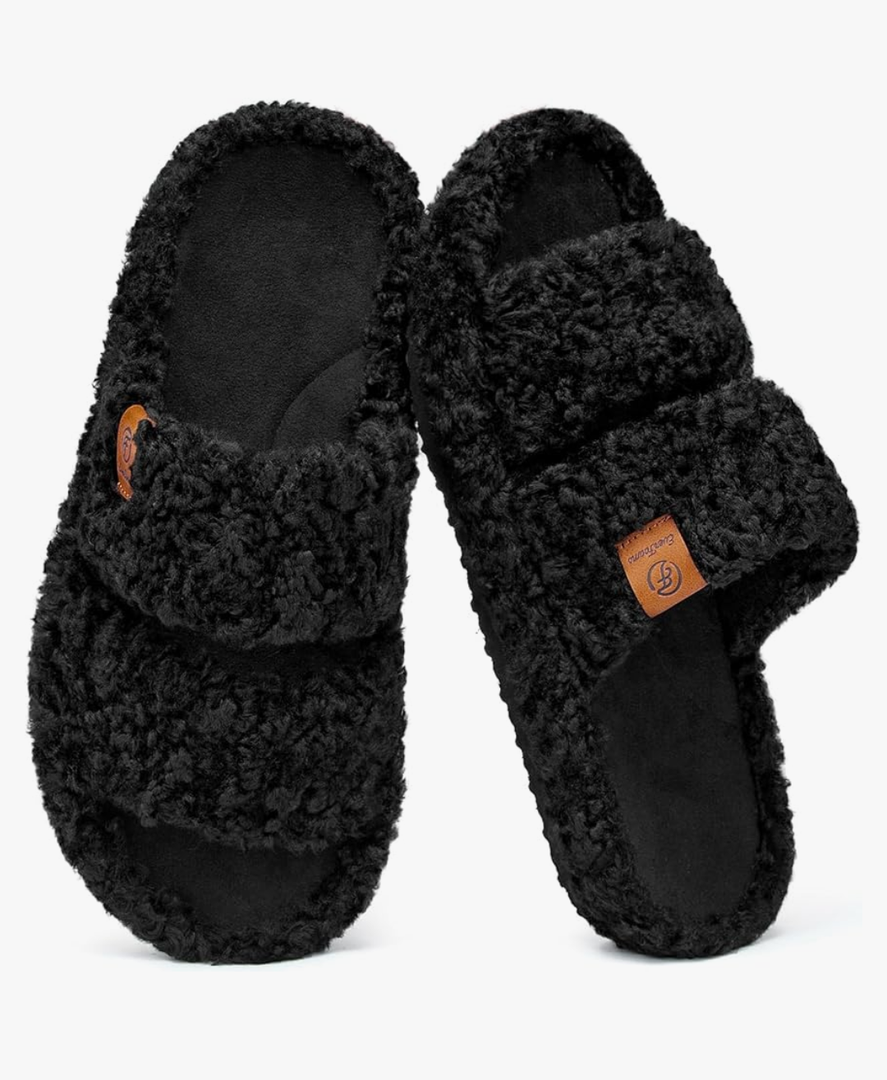 EverFoams Womens Fuzzy Open-toe Slippers Soft Comfy Memory Foam Indoor House Shoes, 11-12
