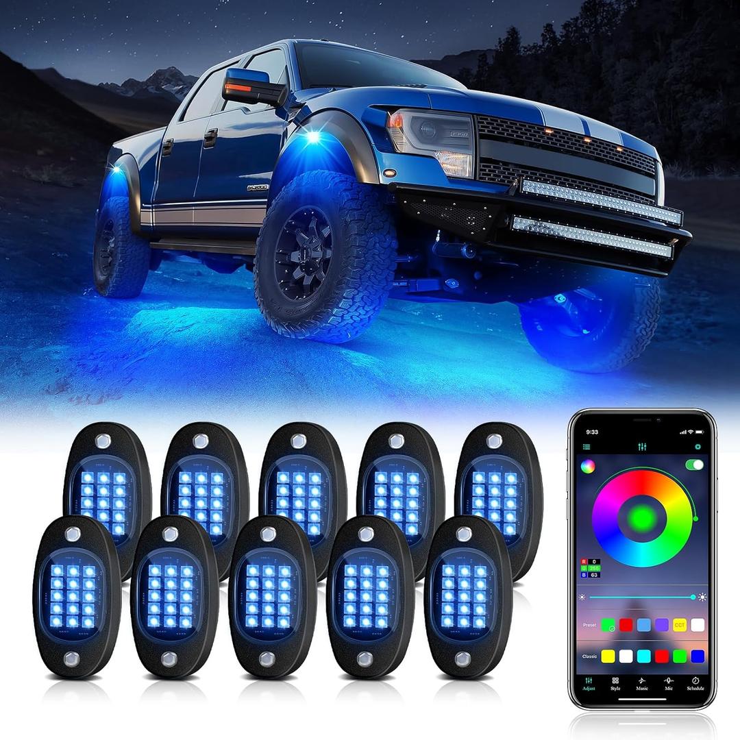 10 Pod RGB LED Rock Lights Kit with APP Control, Multi-Color 175 Beam Angle Car Underglow Lights for Trucks, Jeep, UTV, SUV, ATV, Boat, Golf Cart Exterior
