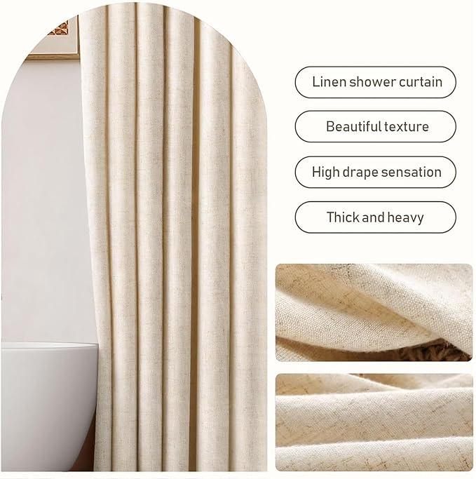 Linen Shower Curtain Beige, Fabric Boho Farmhouse Shower Curtains for Bathroom Cream Cotton Natural Cloth Liner Set 72" W x 72"