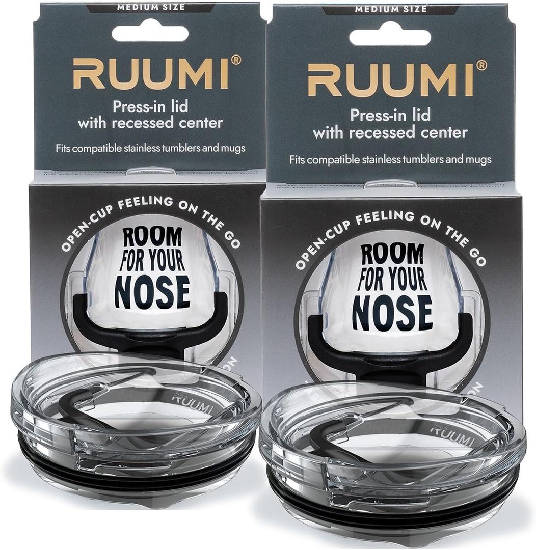 Ruumi Nose Recess Tumbler Lid (2-pack, Black/Black)  Compatible with 20 oz Yeti Rambler, Ozark Trail, Swig  See Chart for Other Brands/Sizes