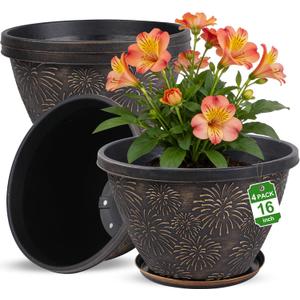 Nooulap 4 Pack 16 Inch Large Plant Pots with Drainage Holes and Saucers,Firework Embossed Plastic Planters, Flower Pots for Indoor Outdoor, Perfect for Large Plants, Trees, Patio and Home Decor