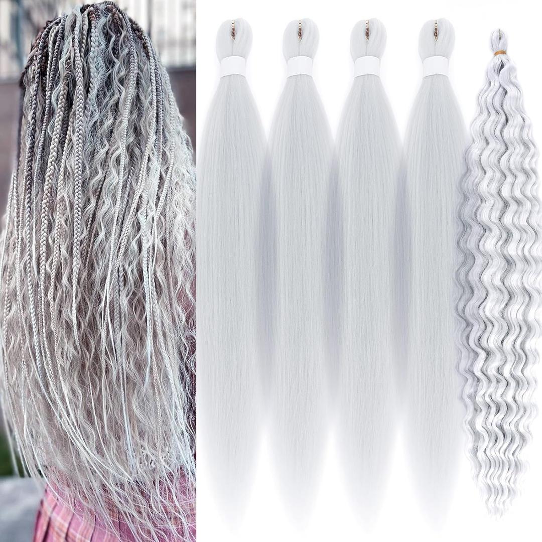 Silver Wavy Crochet Boho Hair for Braiding 26 Inch Braiding Hair Pre Stretched, Knotless Bohomian Wavy Curly Braiding Hair Extensions For Boho Braids, Synthetic Curly Crochet Hair For Women