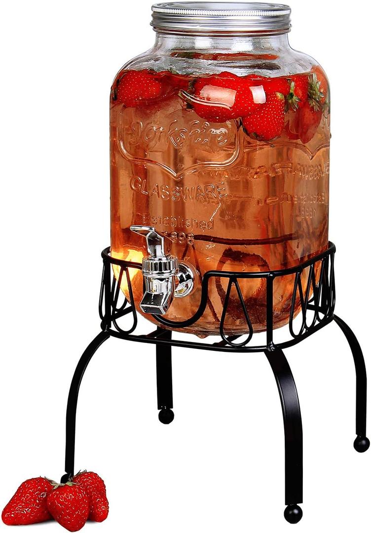 Estilo Gallon Drink Dispenser with Stand - Glass Beverage Dispenser with Stand for Weddings - Sun Tea Jar with Spigot 1 Gallon - Countertop Glass Water Dispenser for Lemonade and Parties