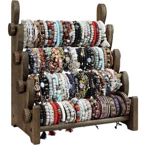 TOPNEW 4 Tier Wooden Bracelet Holder, Bangle Watch Necklace Display Storage Jewelry Holder Stand Display Organizer, Brown 4 Tier Wooden Bracelet Holder