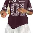 Jersey Shirts for Women Oversized V Neck Tshirt Number Graphic Shirt Casual Y2k Streetwear Tee Tops (Brown, XL)