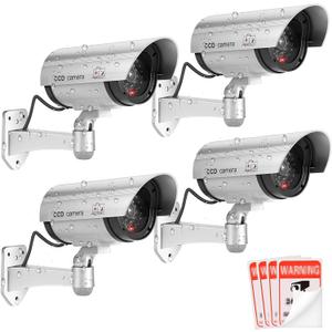 Fake Camera, FITNATE Dummy Camera CCTV Surveillance System with LED Red Flashing Light with 4 Safety Warning Stickers, Fake Security Camera for Outdoor & Indoor Use (4 Packs, Silver)