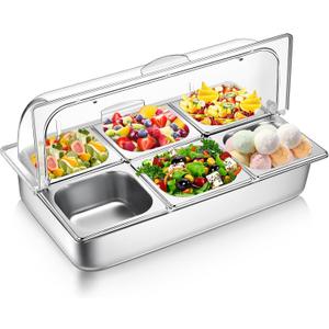 Ziliny 6 Pan Chilled Buffet Server Stainless Steel Countertop Food Serving Display Container with Clear Roll Top Cover Serving Tray Buffet Condiment Dispenser Ice Cooled Food Display Rack