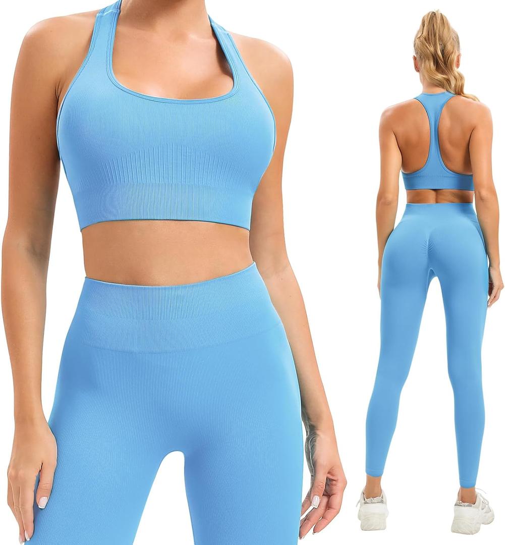 Women Workout Sets 2 Piece Long Legging Matching Gym Yoga Pilates Outlifs (S65L-Blue)