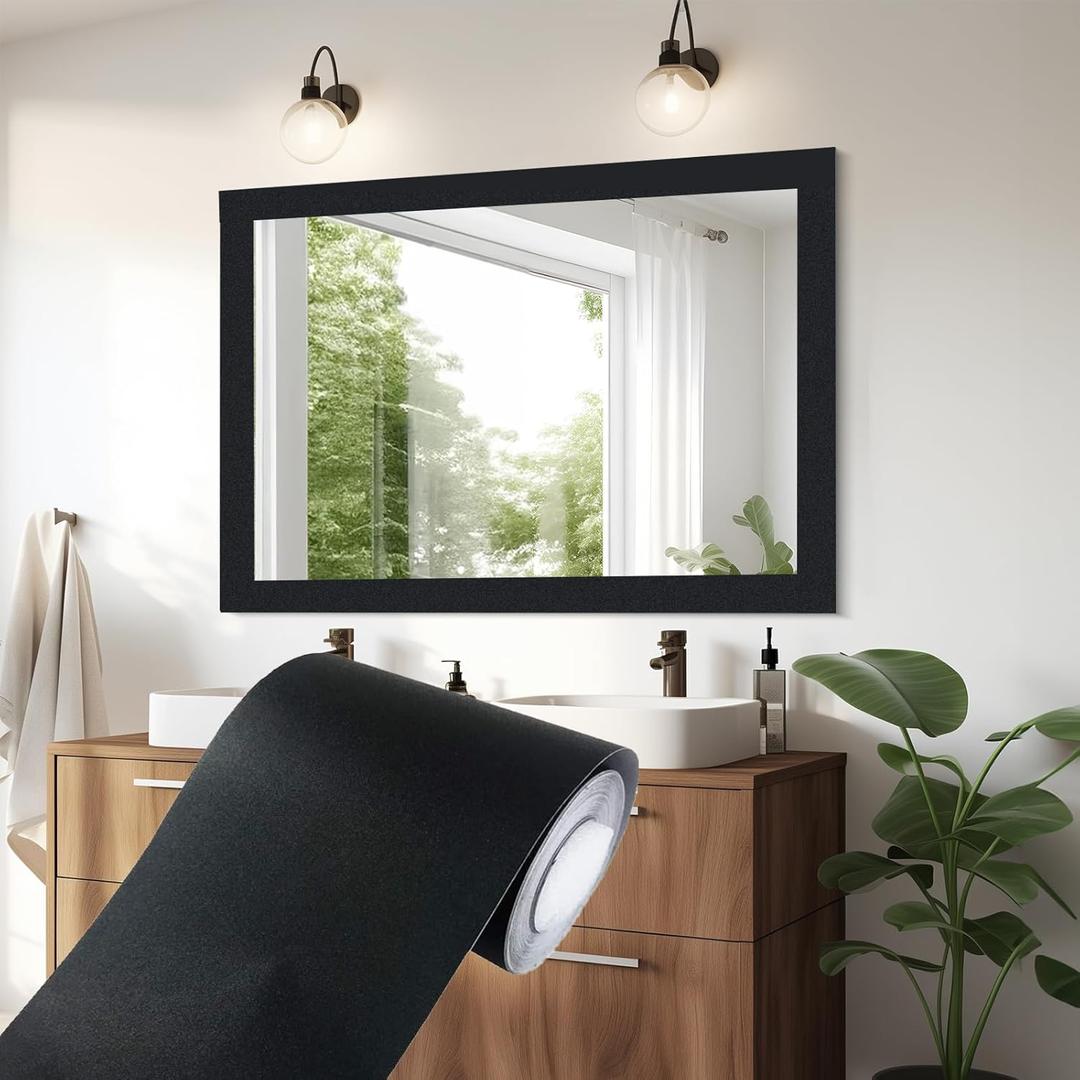 10m Matte Mirror Frame Border Peel and Stick Wallpaper, Mirror Tape Border Trim Removable Waterproor Wall Decor, Self Adhesive Bathroom Sticker (Black, 4in)