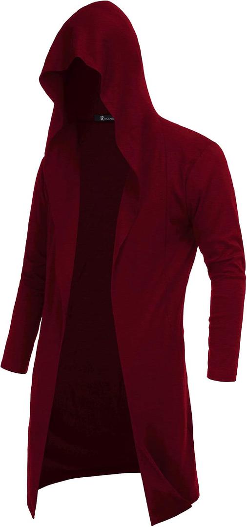 RAGEMALL Mens Long Cardigan Open Front Draped Lightweight Hooded Sweater with Pockets Wine Red, XL