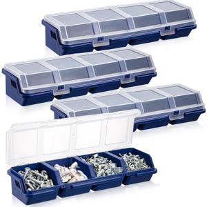 Hushee 4 Pcs Screw Organizer Box with Lid 4 Compartments Tool Bin Divider Plastic Stackable Hardware Organizer Small Part Storage Sorting Screw Box for Garage Workbench Craft Storage (Blue)
