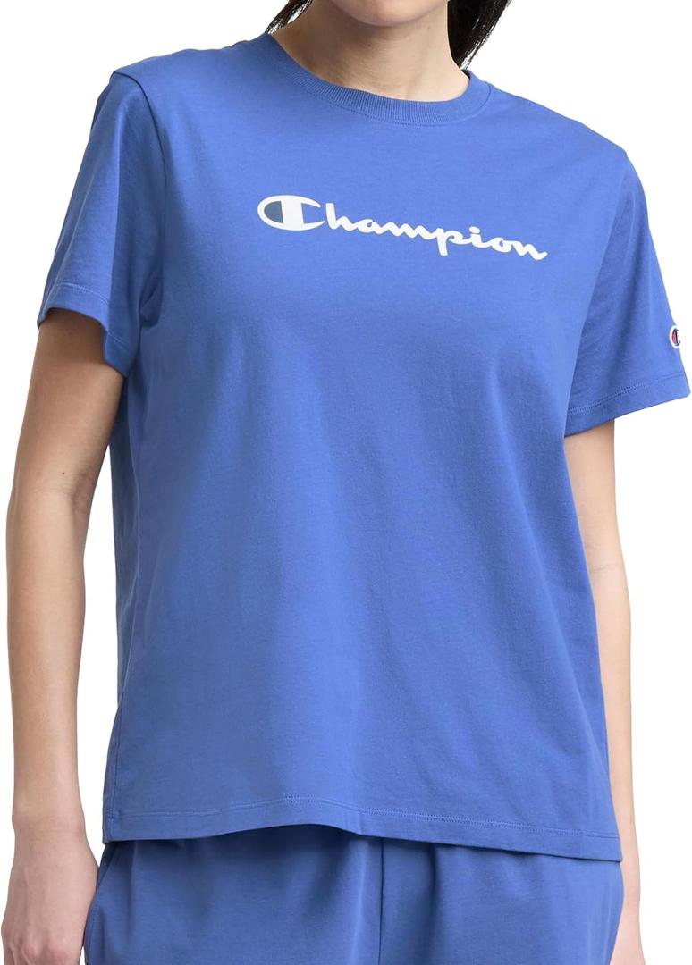 Champion Womens Classic Short Sleeve Graphic T-Shirt, Standard Fit, Script Logo (Blue, XL)
