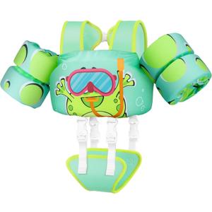 Vvinca Toddler Swim Vest for Kids 13-30lbs Boys Girls Puddle Kid Jumper Toddlers Pool Floaties Jacket with Adjustable Crotch Strap Sleeves Shoulder for 1-3 Yrs Old Baby Infant Learn to Swim (06-Green Frog)