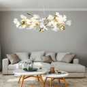 L31.5 Inch Branch Chandelier Ceramic Ginkgo Leaf Chandeliers Brass Hanging Lights Fixtures for Dining Room Living Room Kitchen Island, 5-Light (31.5Inch, White-Gold)